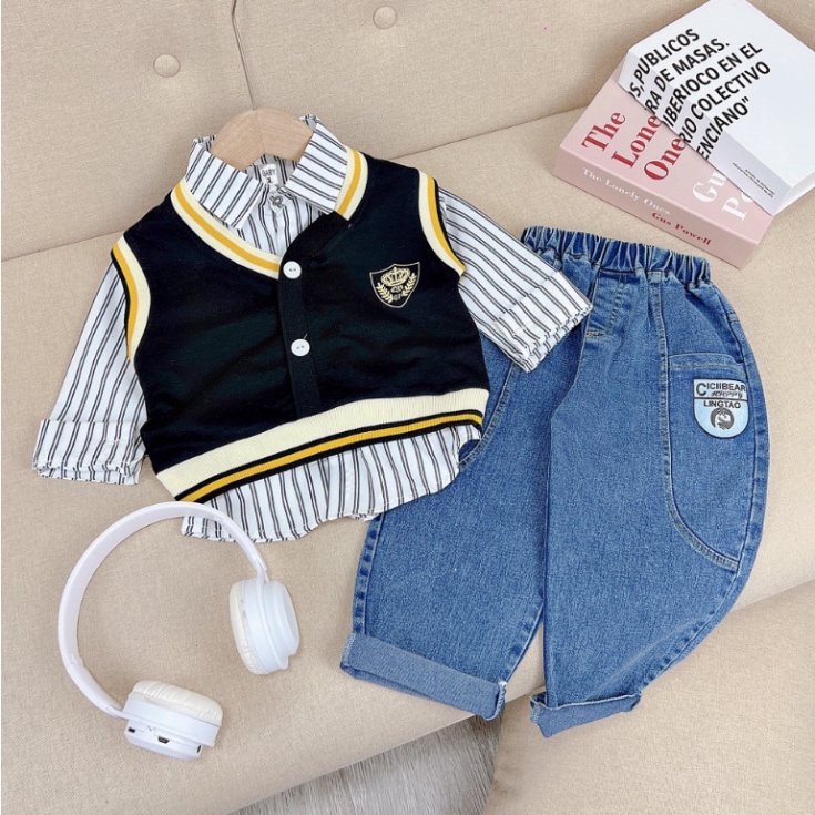 Bộ quần áo sơ mi kèm cardigan 3 chi tiết cho bé trai size đại 10-30kg Đồ bộ trẻ em dài tay mặc thu đông Kittenbabyshop