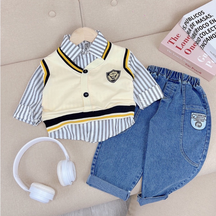 Bộ quần áo sơ mi kèm cardigan 3 chi tiết cho bé trai size đại 10-30kg Đồ bộ trẻ em dài tay mặc thu đông Kittenbabyshop