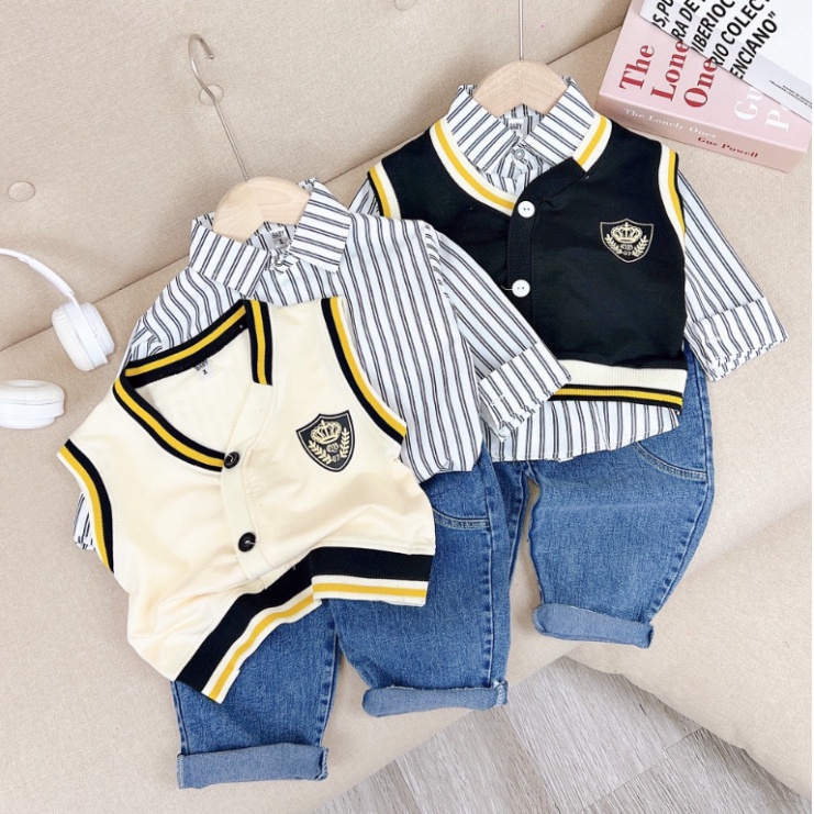 Bộ quần áo sơ mi kèm cardigan 3 chi tiết cho bé trai size đại 10-30kg Đồ bộ trẻ em dài tay mặc thu đông Kittenbabyshop