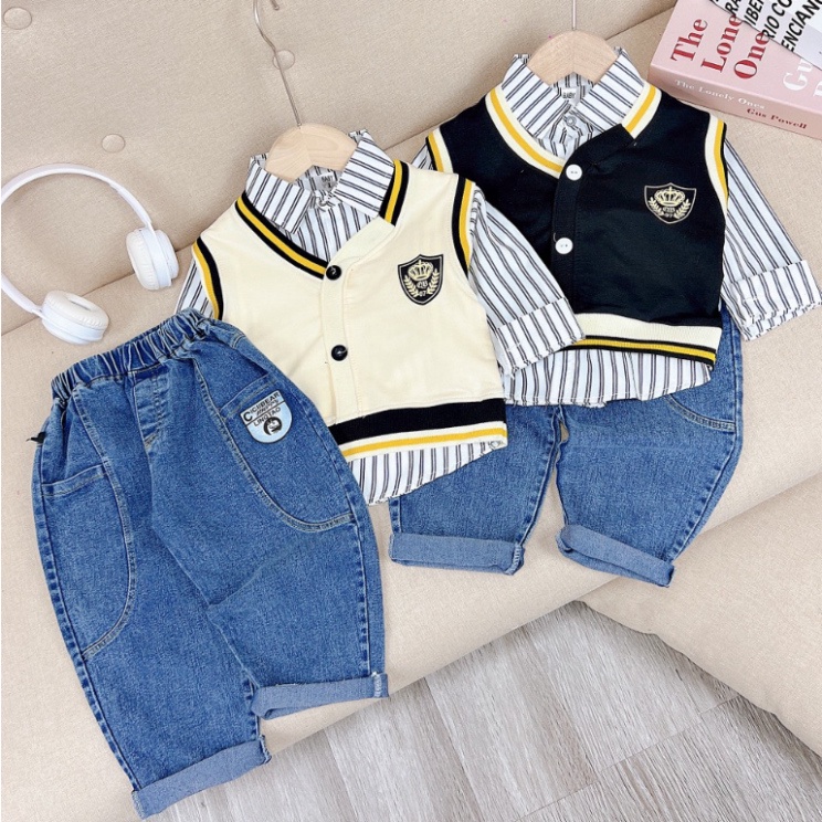 Bộ quần áo sơ mi kèm cardigan 3 chi tiết cho bé trai size đại 10-30kg Đồ bộ trẻ em dài tay mặc thu đông Kittenbabyshop