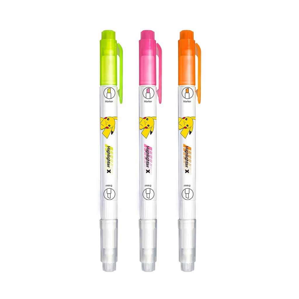 Combo 3 Bút Highlight Nhấn Dòng Dạ Quang PLUS Ma Thuật Phiên Bản Pokemon - Có Đầu Xóa Highlight Dạ Quang