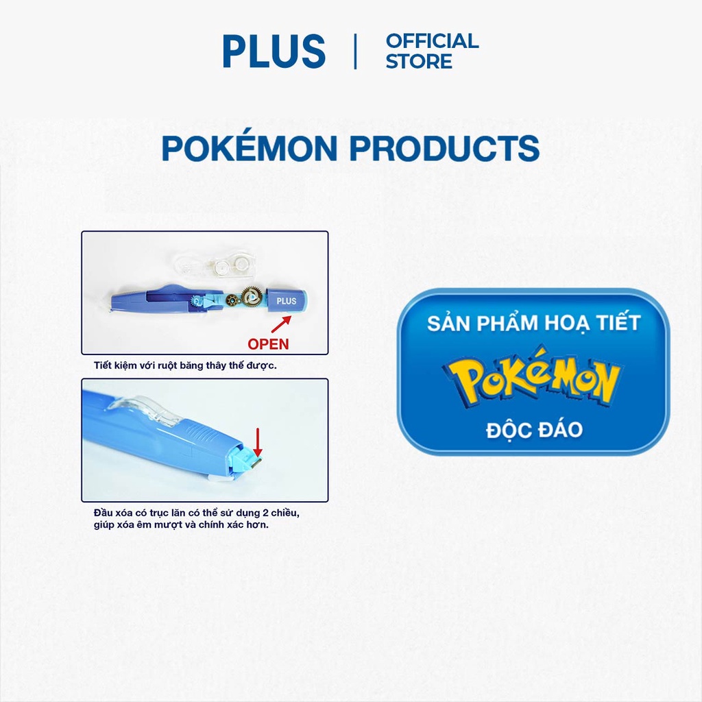 Combo 2 Bút Xóa Kéo, Băng Xóa Kéo, Bút Xóa Giấy PLUS Mr Họa Tiết Pokemon - Thiết Kế Dễ Sử Dụng, Có Nắp Bảo Vệ Đầu Kéo