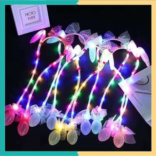 Bờm tai thỏ Phát Sáng Lấp lánh phối nơ xinh xắn - Bóp Giật Tai Với Nhiều Màu Thú vị