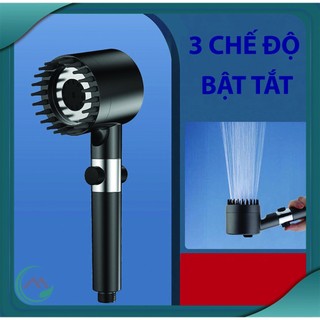 Bộ Tay sen, vòi sen tăng áp 3 chế độ nước kết hợp răng silicone gội đầu massage - có nút bật tắt nước trên thân cao cấp