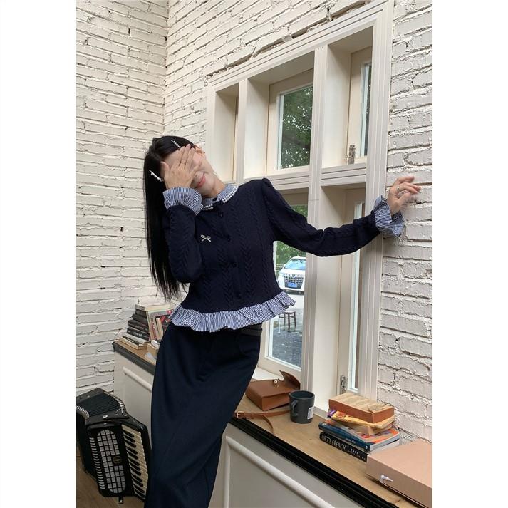 Áo Khoác cardigan Dệt Kim Tay Dài Phối Họa Tiết Kẻ Sọc Phong Cách Pháp Thời Trang Mùa Thu 2023 Cho Nữ