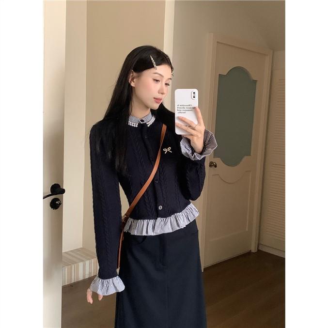 Áo Khoác cardigan Dệt Kim Tay Dài Phối Họa Tiết Kẻ Sọc Phong Cách Pháp Thời Trang Mùa Thu 2023 Cho Nữ