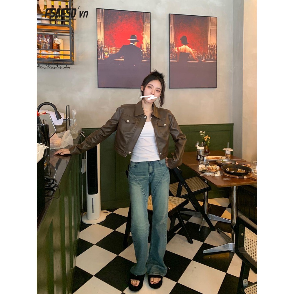 Áo Khoác Da pu Màu Nâu Cà Phê Phong Cách retro Cá Tính Cho Nữ