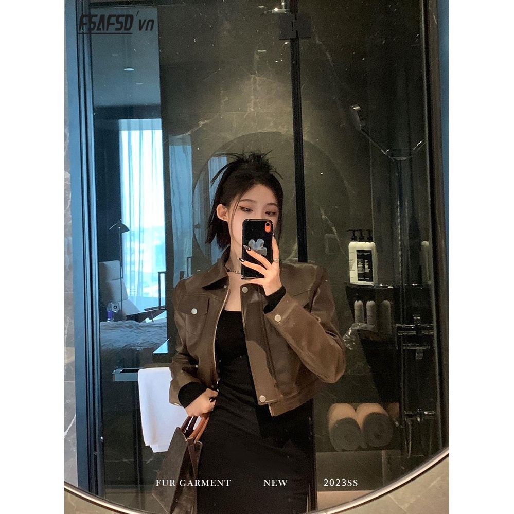 Áo Khoác Da pu Màu Nâu Cà Phê Phong Cách retro Cá Tính Cho Nữ