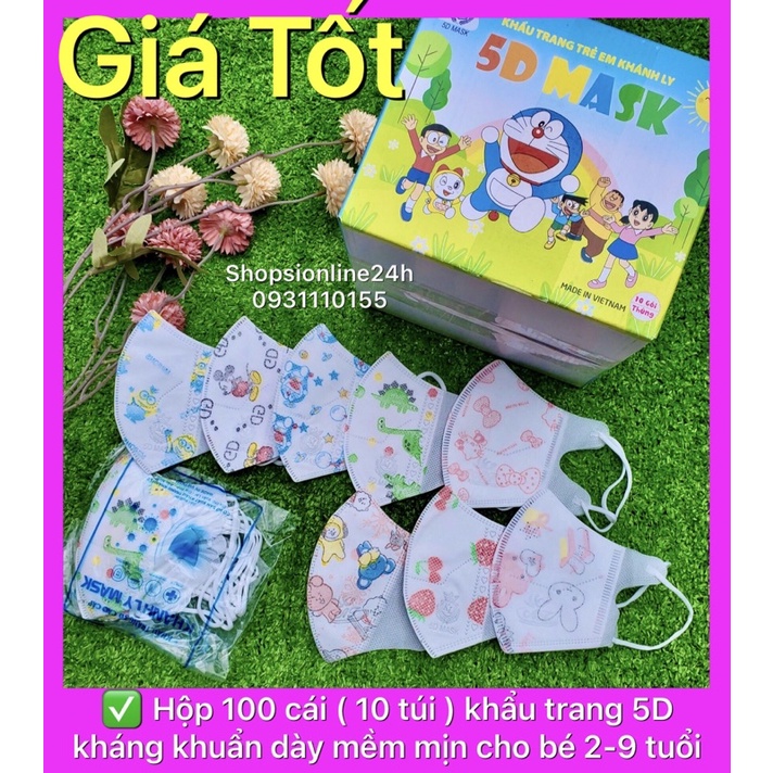 ✅ Hộp 100 cái ( 10 túi ) khẩu trang 5D Mask kháng khuẩn dày cao cấp cho bé 2 đến 9 tuổi
