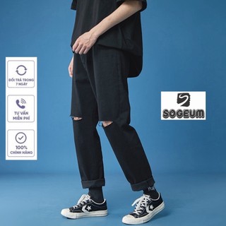 Quần jean baggy rách gối, Quần bò nam nữ ống rộng rách gấu màu đen, xanh unisex