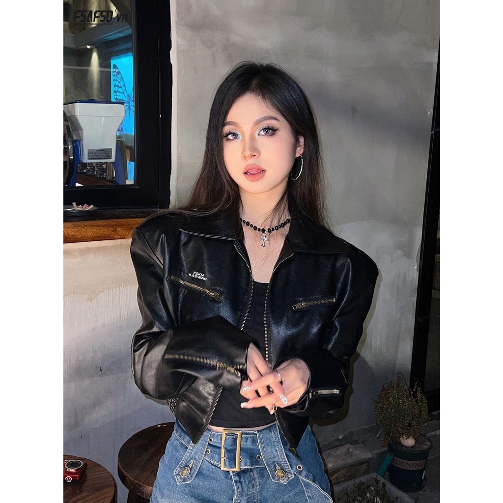 Đen Áo Khoác Da Dáng Ngắn Phong Cách retro Mỹ 2023 Cho Nữ