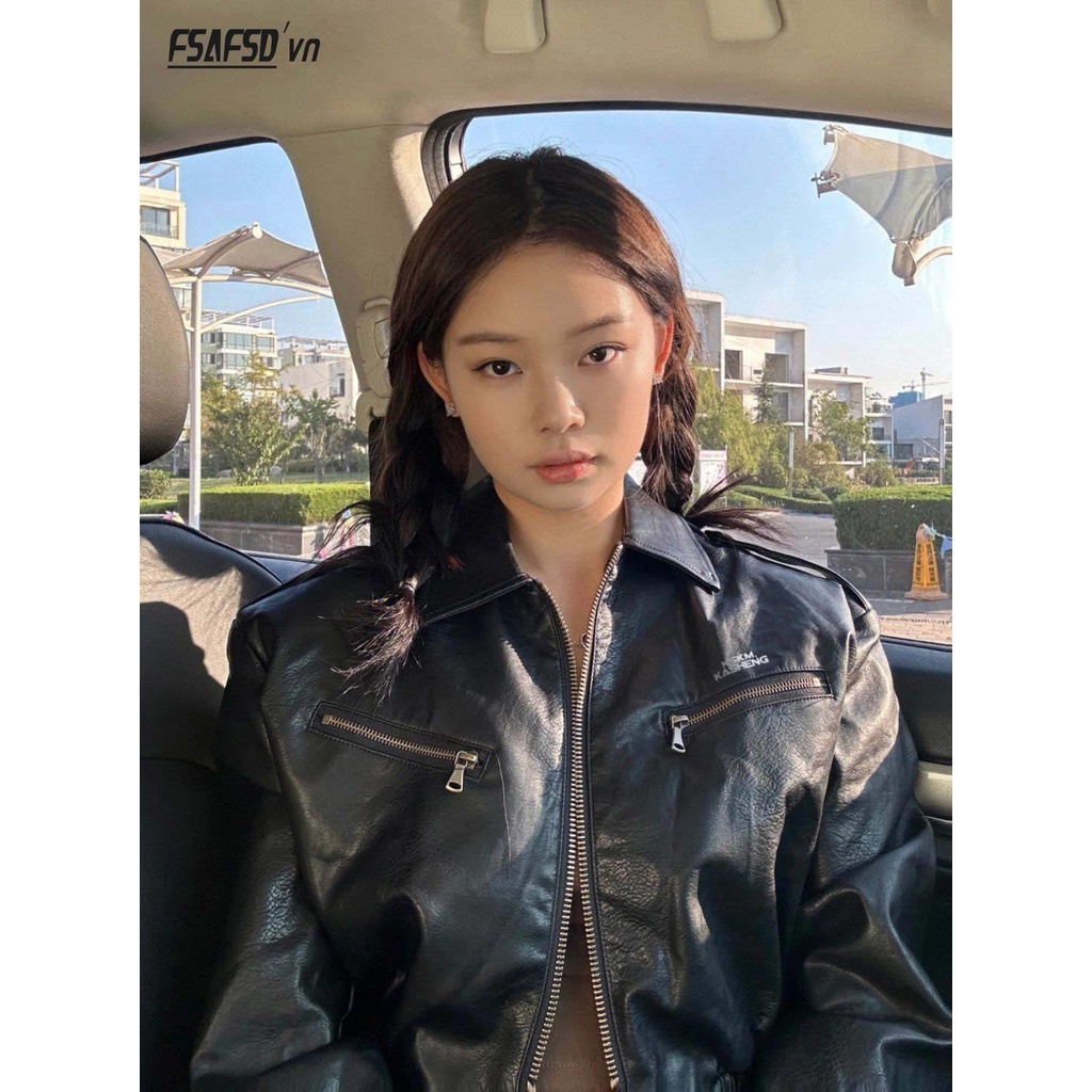 Đen Áo Khoác Da Dáng Ngắn Phong Cách retro Mỹ 2023 Cho Nữ