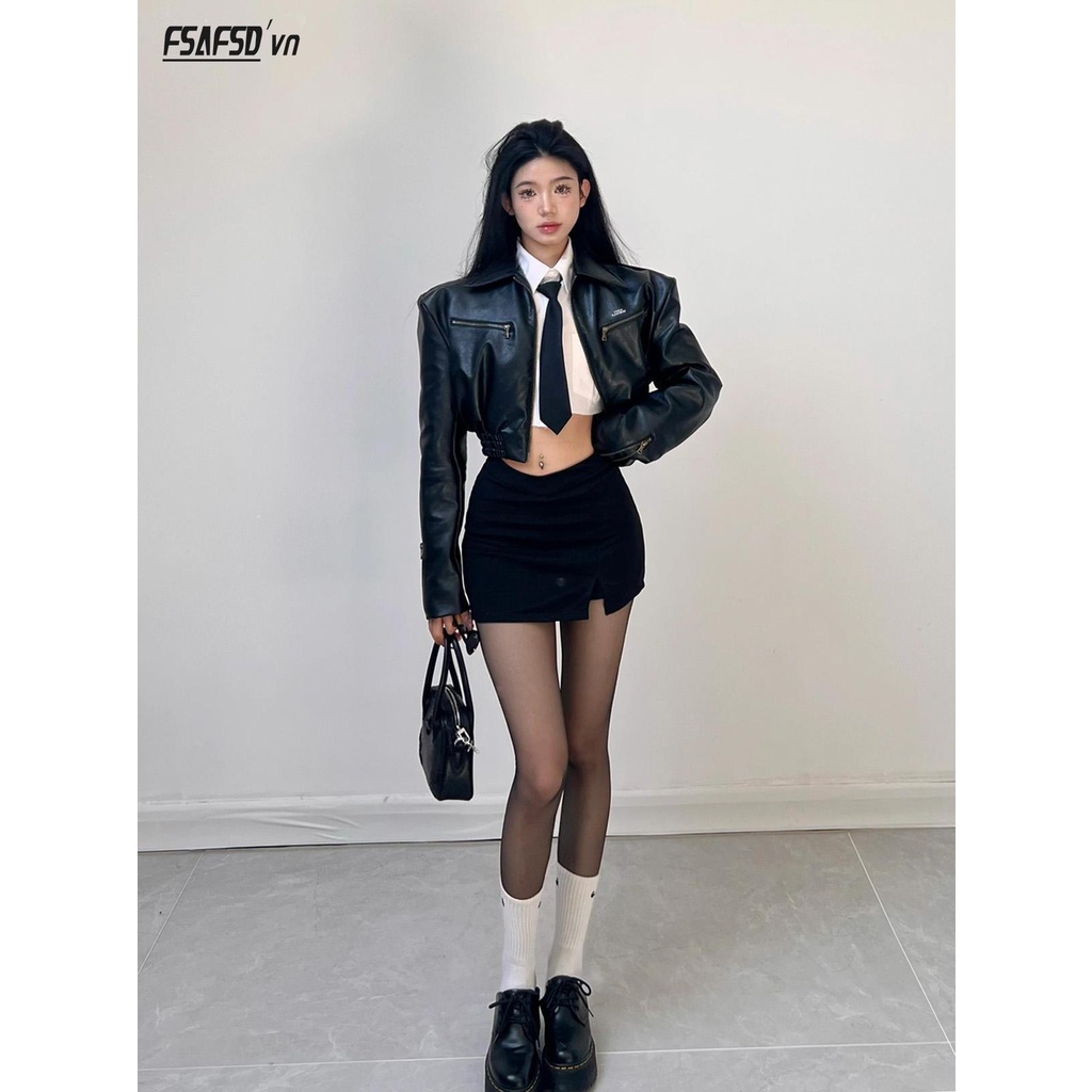Đen Áo Khoác Da Dáng Ngắn Phong Cách retro Mỹ 2023 Cho Nữ