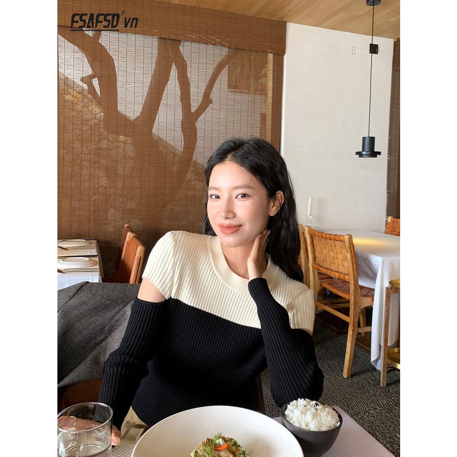 Áo sweater Dệt Kim Mềm Khoét Lỗ Phối Màu Tương Phản Thời Trang Thu Đông 2023