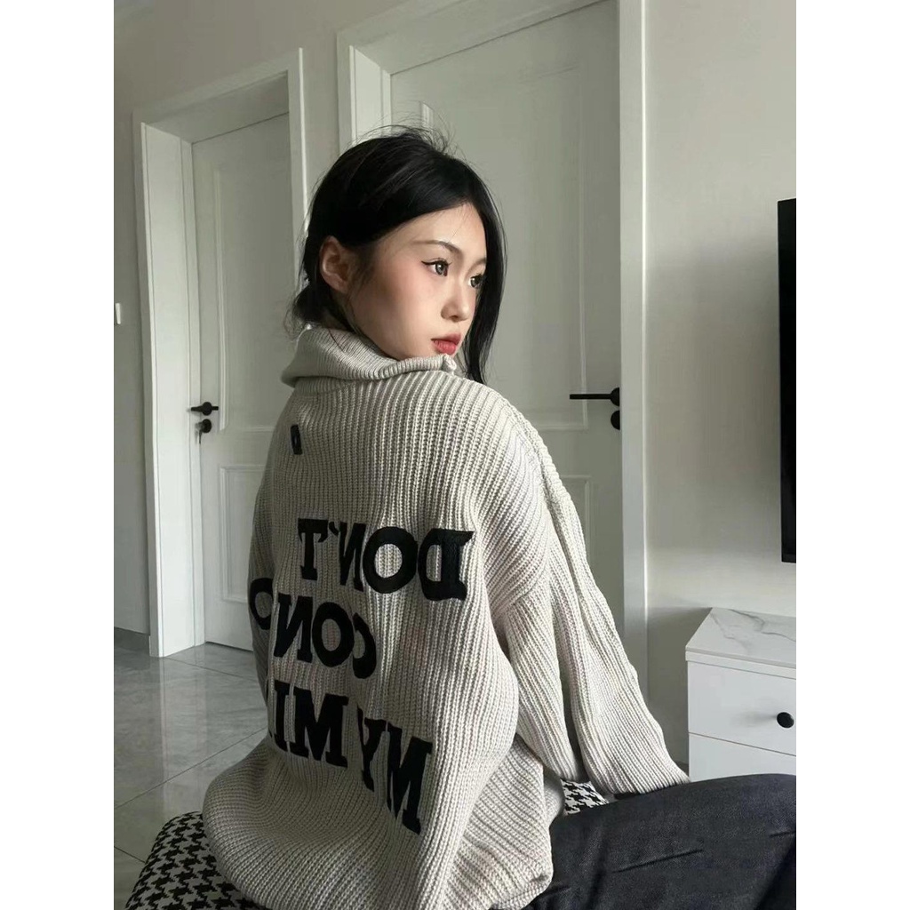 Áo Len Cổ Lọ Dáng Rộng Thêu Họa Tiết Phong Cách Nhật Bản Thời Trang Thu Đông Cho Nữ