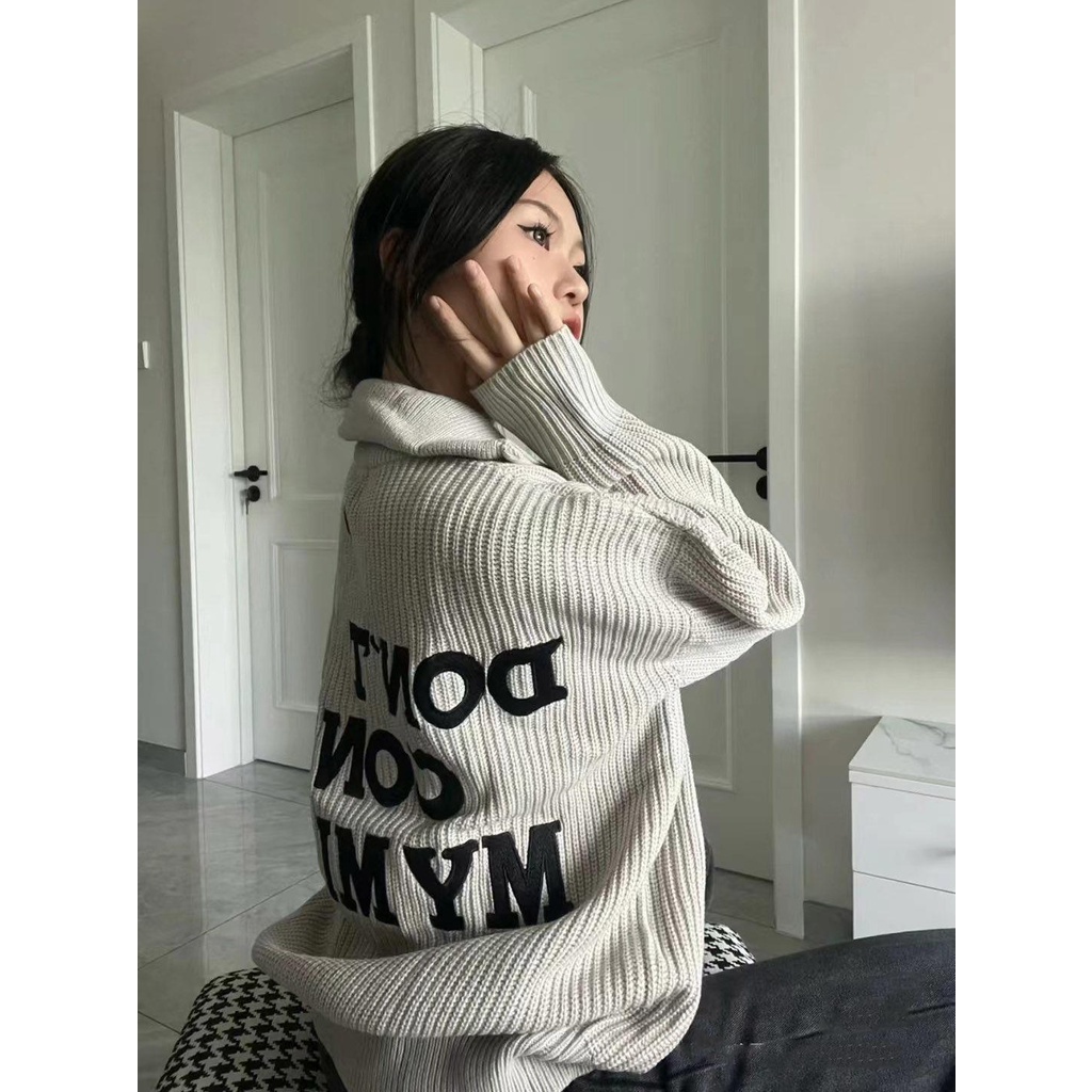 Áo Len Cổ Lọ Dáng Rộng Thêu Họa Tiết Phong Cách Nhật Bản Thời Trang Thu Đông Cho Nữ