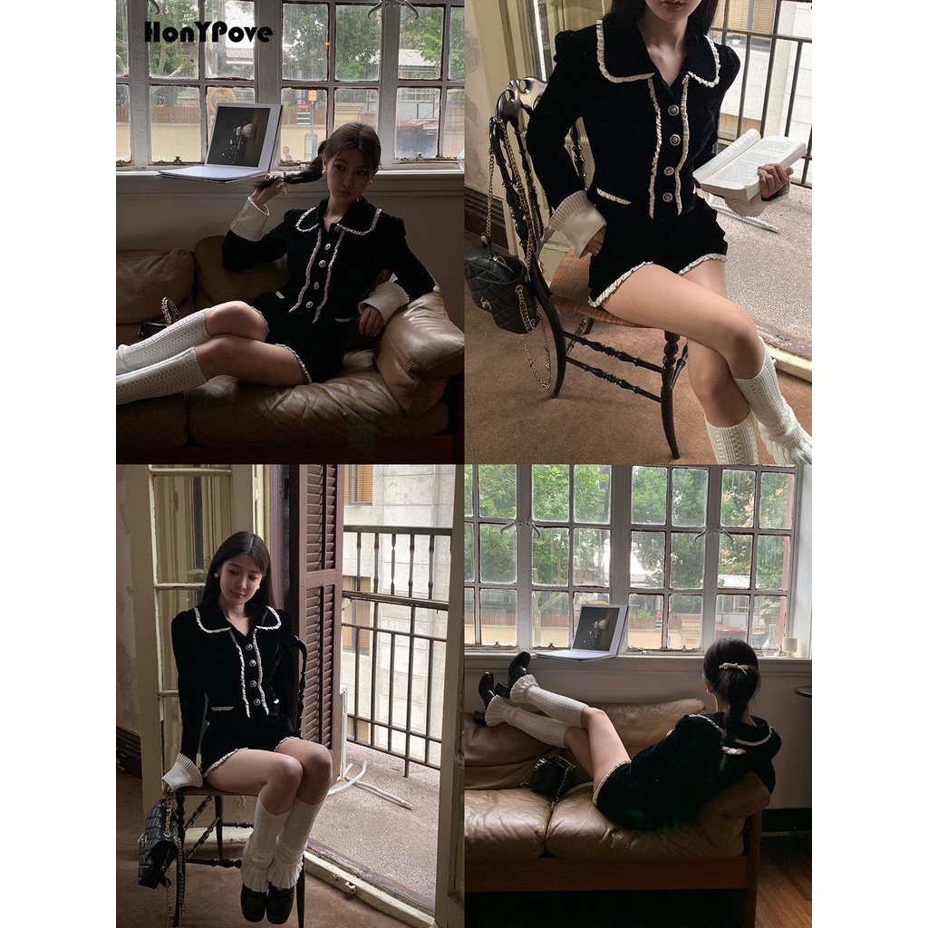 Honypove Set Áo Khoác blazer + Quần Short Nhung Màu Đen Tương Phản Phong Cách Pháp