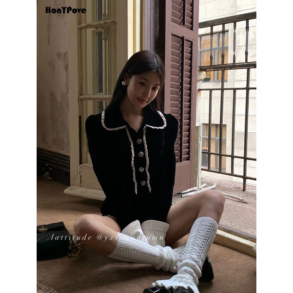 Honypove Set Áo Khoác blazer + Quần Short Nhung Màu Đen Tương Phản Phong Cách Pháp