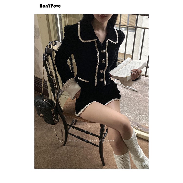 Honypove Set Áo Khoác blazer + Quần Short Nhung Màu Đen Tương Phản Phong Cách Pháp