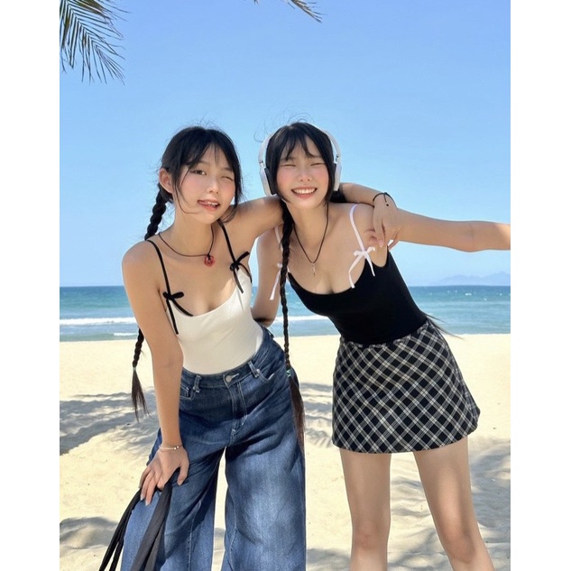 Bodysuit 1 Mảnh Liền Thân Hai Dây Cột Nơ Trắng Đen Sexy Quyến rũ Đi Biển Đi Chơi Thời Trang Nữ