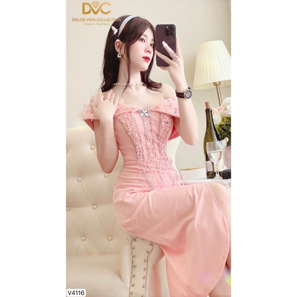 VÁY ĐI TIỆC NỮ, VÁY NỮ THIẾT KẾ TRỄ VAI SANG CHẢNH V4116 - DVC