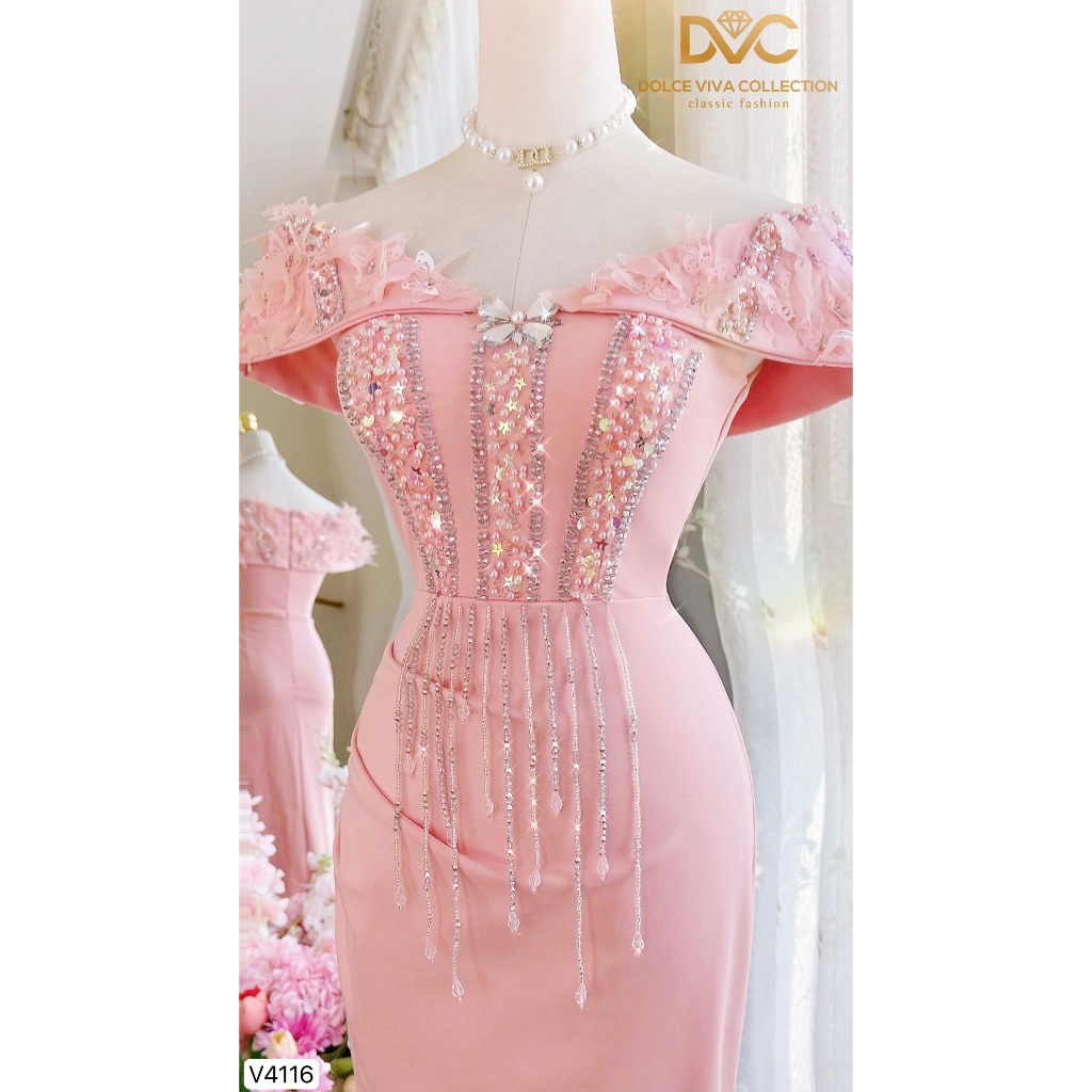 VÁY ĐI TIỆC NỮ, VÁY NỮ THIẾT KẾ TRỄ VAI SANG CHẢNH V4116 - DVC