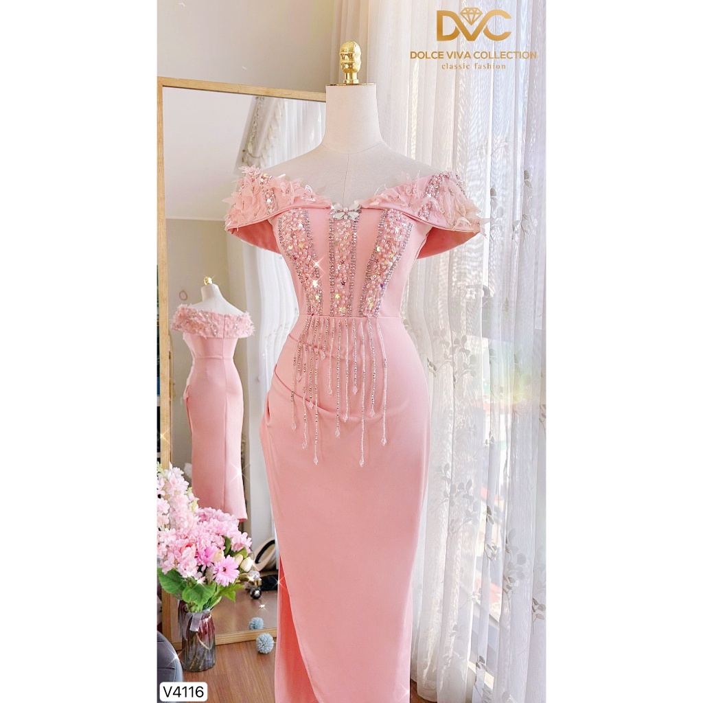 VÁY ĐI TIỆC NỮ, VÁY NỮ THIẾT KẾ TRỄ VAI SANG CHẢNH V4116 - DVC