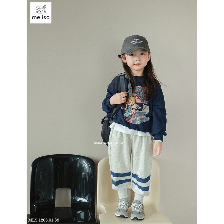 Bộ da cá Melisa áo navy hình bé gái đeo cánh thiên thần - quần ghi size 2 - 12y