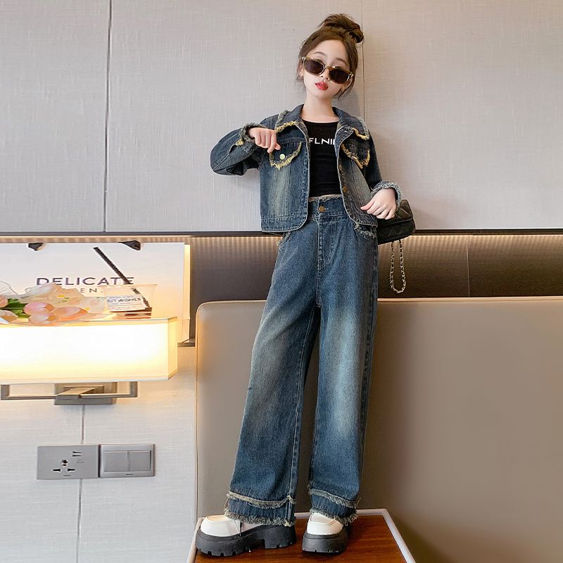 Set Đồ denim Thời Trang Mùa Thu 2023 Phong Cách Phương Tây Mới Cho Bé Gái