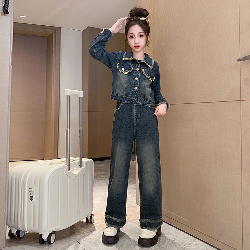 Set Đồ denim Thời Trang Mùa Thu 2023 Phong Cách Phương Tây Mới Cho Bé Gái