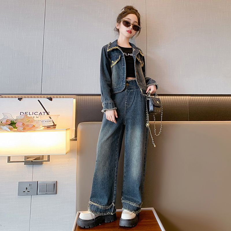 Set Đồ denim Thời Trang Mùa Thu 2023 Phong Cách Phương Tây Mới Cho Bé Gái