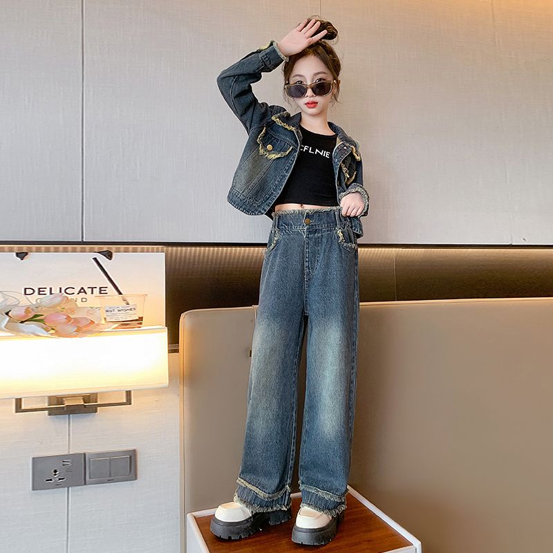 Set Đồ denim Thời Trang Mùa Thu 2023 Phong Cách Phương Tây Mới Cho Bé Gái