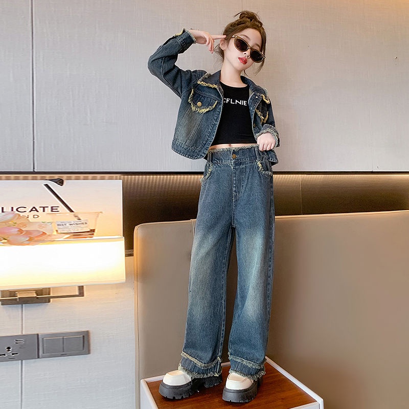 Set Đồ denim Thời Trang Mùa Thu 2023 Phong Cách Phương Tây Mới Cho Bé Gái