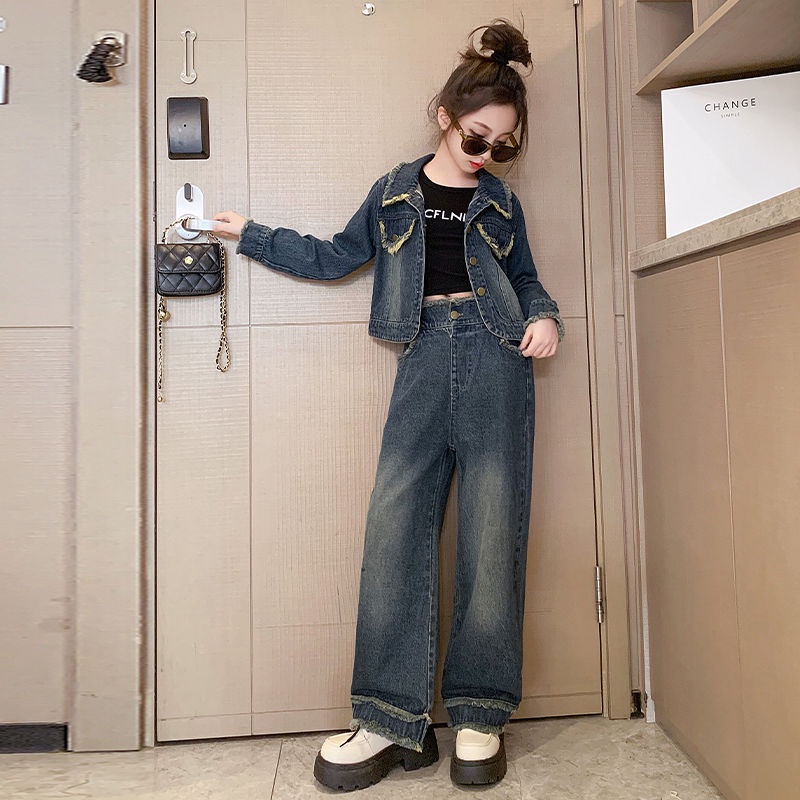 Set Đồ denim Thời Trang Mùa Thu 2023 Phong Cách Phương Tây Mới Cho Bé Gái