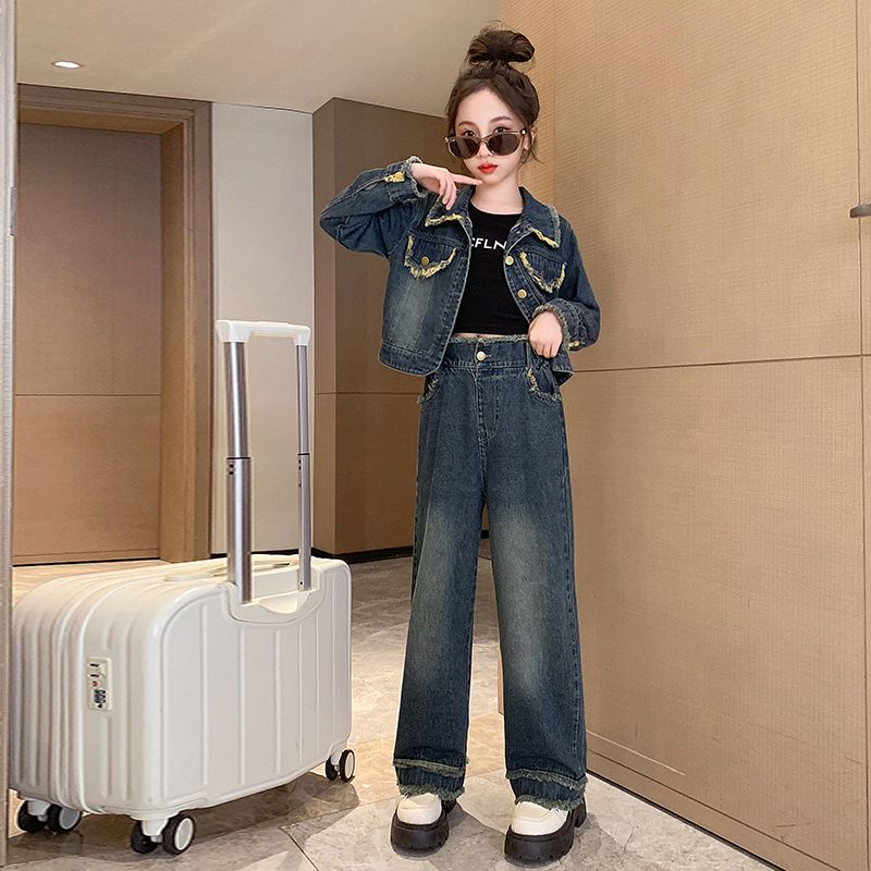 Set Đồ denim Thời Trang Mùa Thu 2023 Phong Cách Phương Tây Mới Cho Bé Gái