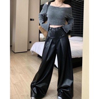 Quần Da Dài Lưng Cao Ống Rộng Màu Cà Phê Thời Trang Cao Cấp Cho Nữ