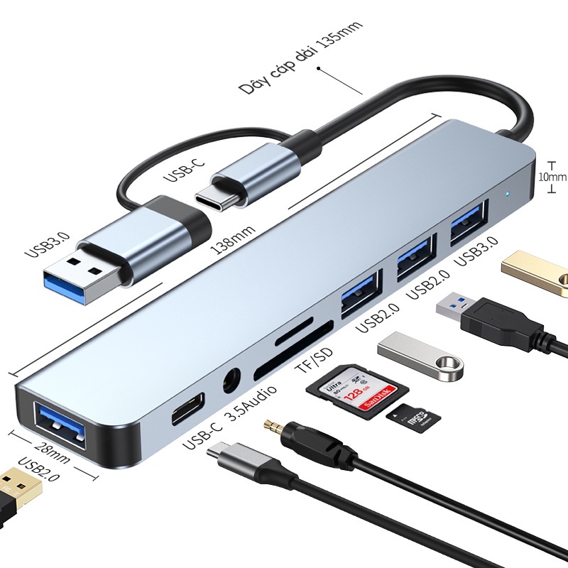 Hub Type C, Hub USB Chia Cổng 8 IN 1, Cổng Chuyển Đổi Type C cho Macbook Tích Hợp Cổng USB Cho PC, Laptop