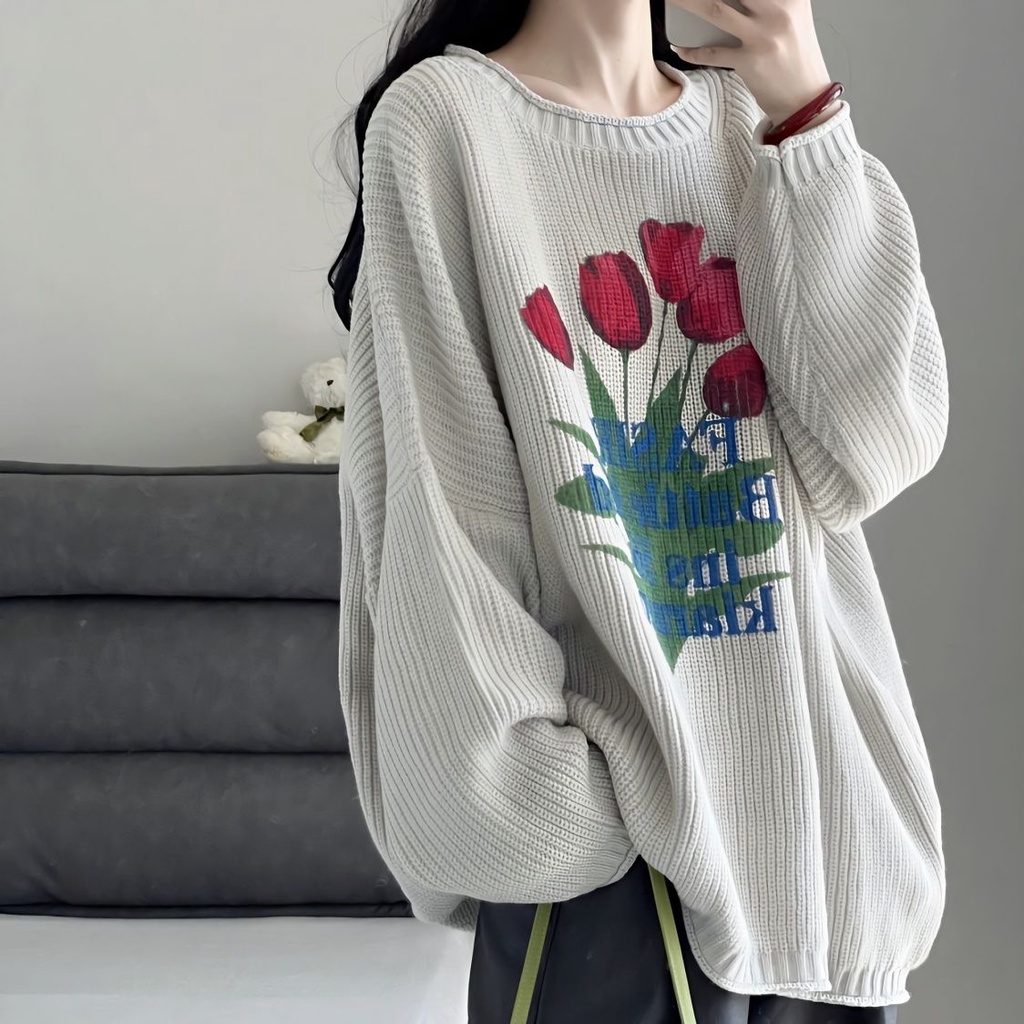 Áo sweater Nữ In Chữ Và Hoa Đơn Giản