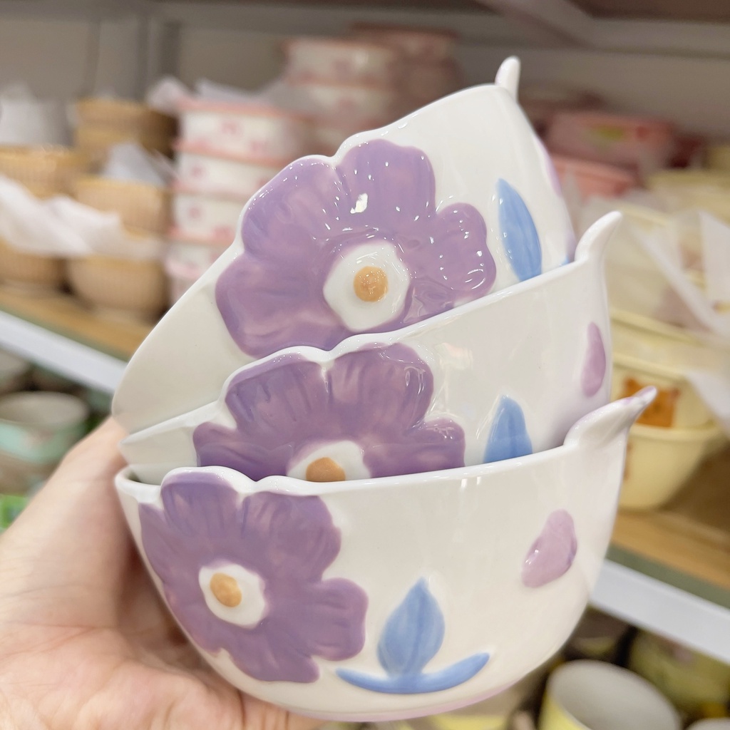 Bát ăn cơm, Chén dĩa dễ thương, Bộ bát đĩa hoạ tiết hoa tím 3D cao cấp siêu đẹp, phong cách Vintage
