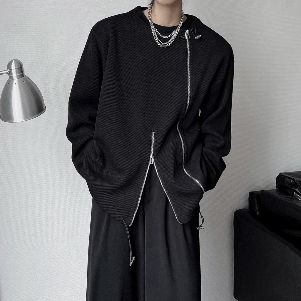 Áo Khoác Tay Dài Cổ Tròn Dáng Rộng Có Khóa Kéo Thời Trang Xuân Thu Cho Nam