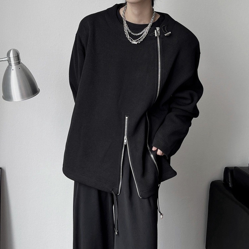 Áo Khoác Tay Dài Cổ Tròn Dáng Rộng Có Khóa Kéo Thời Trang Xuân Thu Cho Nam