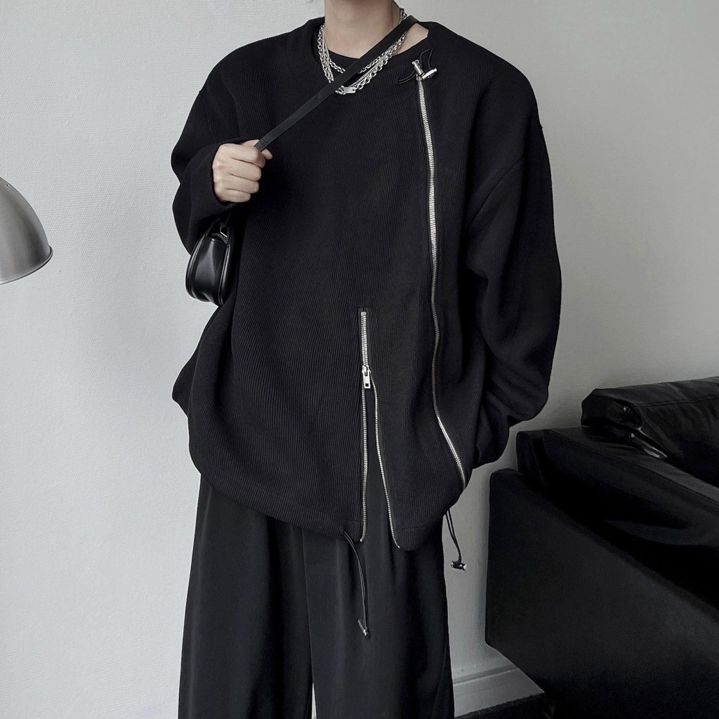 Áo Khoác Tay Dài Cổ Tròn Dáng Rộng Có Khóa Kéo Thời Trang Xuân Thu Cho Nam