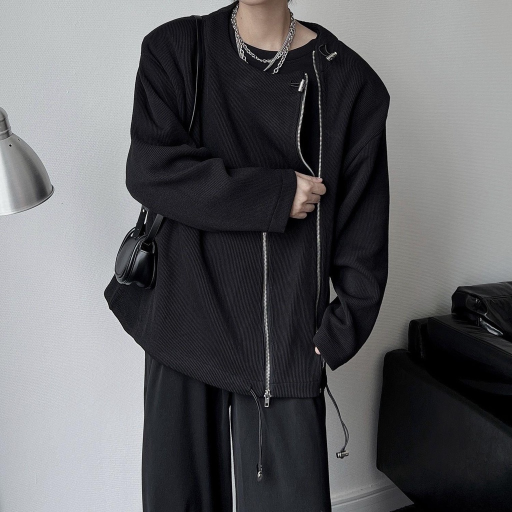 Áo Khoác Tay Dài Cổ Tròn Dáng Rộng Có Khóa Kéo Thời Trang Xuân Thu Cho Nam