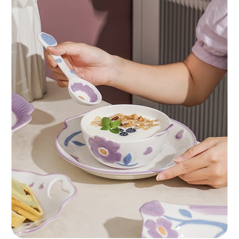 Bát ăn cơm, Chén dĩa dễ thương, Bộ bát đĩa hoạ tiết hoa tím 3D cao cấp siêu đẹp, phong cách Vintage