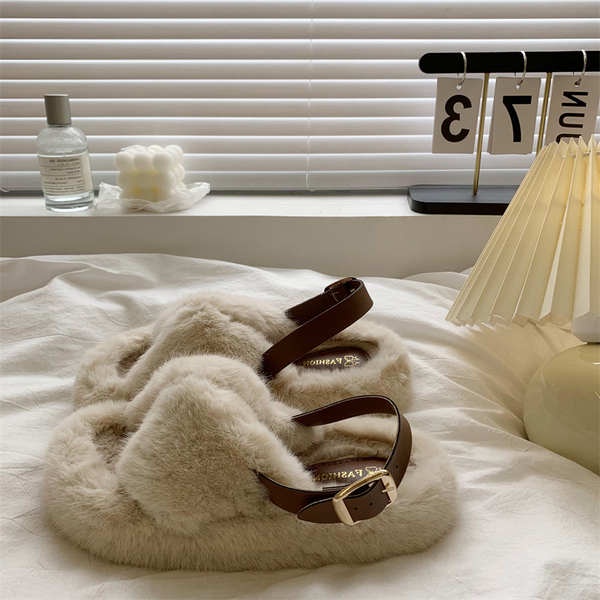 Dép Lông Cừu cotton Đế Phẳng Dày Quai Chéo Phong Cách Mới 2023 Cho Nữ