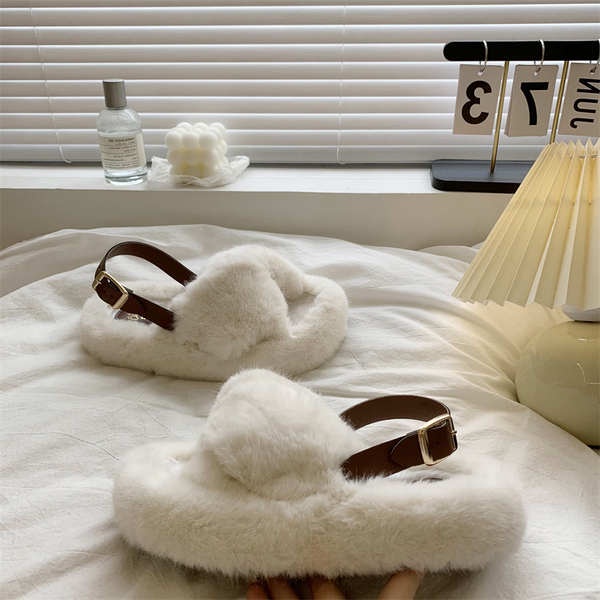 Dép Lông Cừu cotton Đế Phẳng Dày Quai Chéo Phong Cách Mới 2023 Cho Nữ