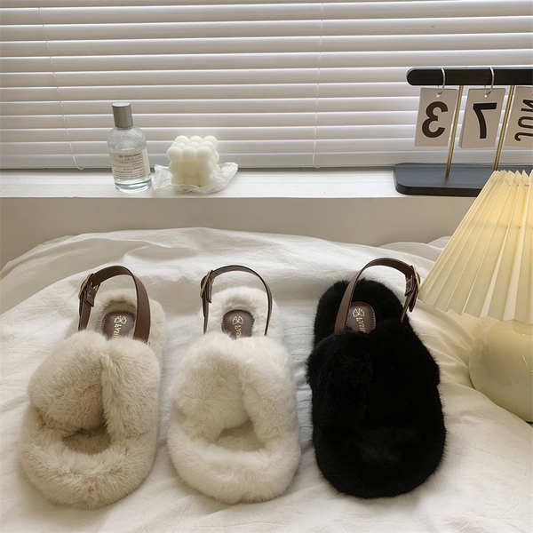 Dép Lông Cừu cotton Đế Phẳng Dày Quai Chéo Phong Cách Mới 2023 Cho Nữ