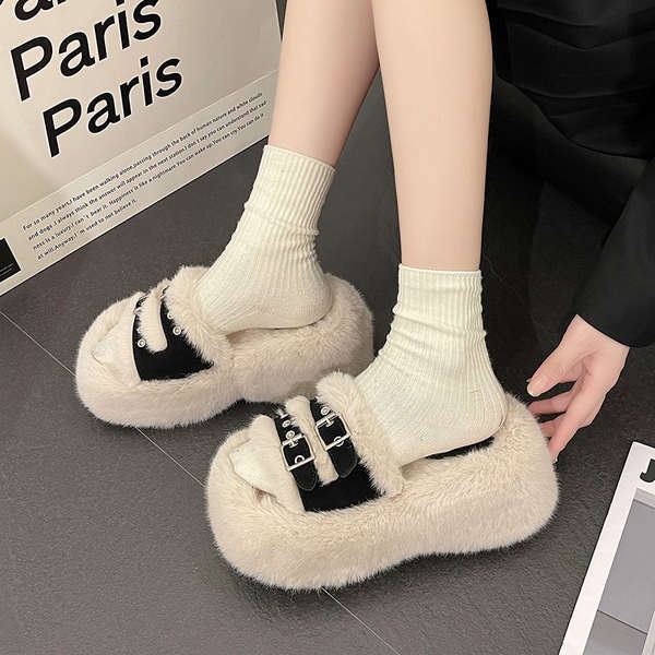 Dép Lông Xù Quai Ngang Đế Dày Thời Trang Thu Đông 2023 Mới Cho Nữ