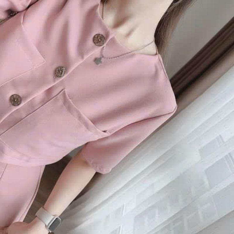 Set váy cotton lạnh thời trang nữ mặc đi chơi áo tay ngắn coa nút 2 màu hồng đen.