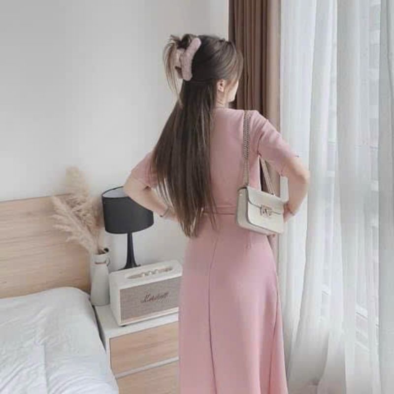 Set váy cotton lạnh thời trang nữ mặc đi chơi áo tay ngắn coa nút 2 màu hồng đen.